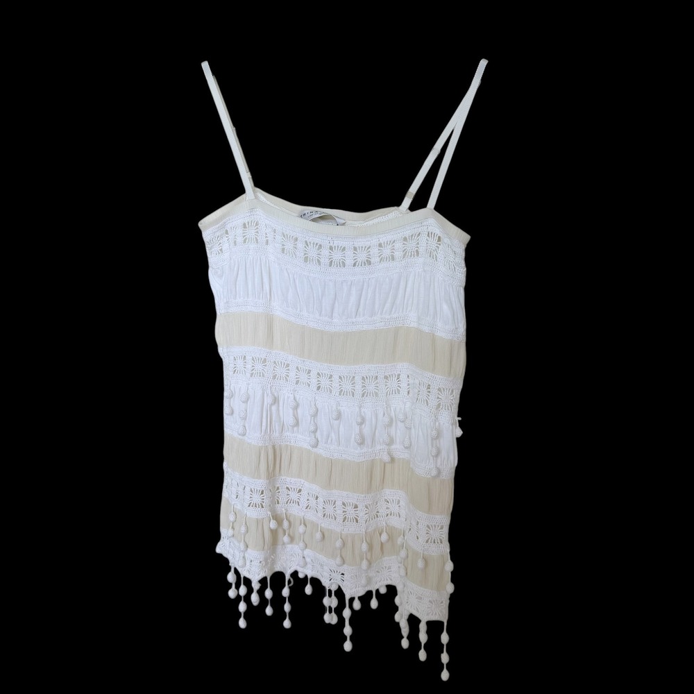 Trina Turk Crochet Lace Pom Pom Cami Top White Cream Pleated Boho Camisole